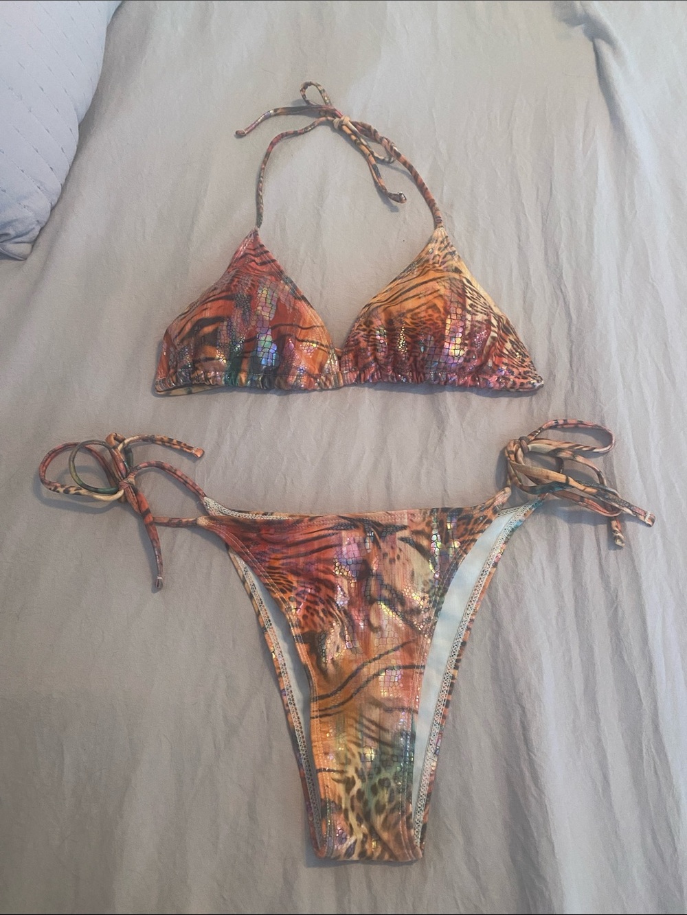 Tropical Iridescent Tie-Side Triangle Bikini - Orange Multi